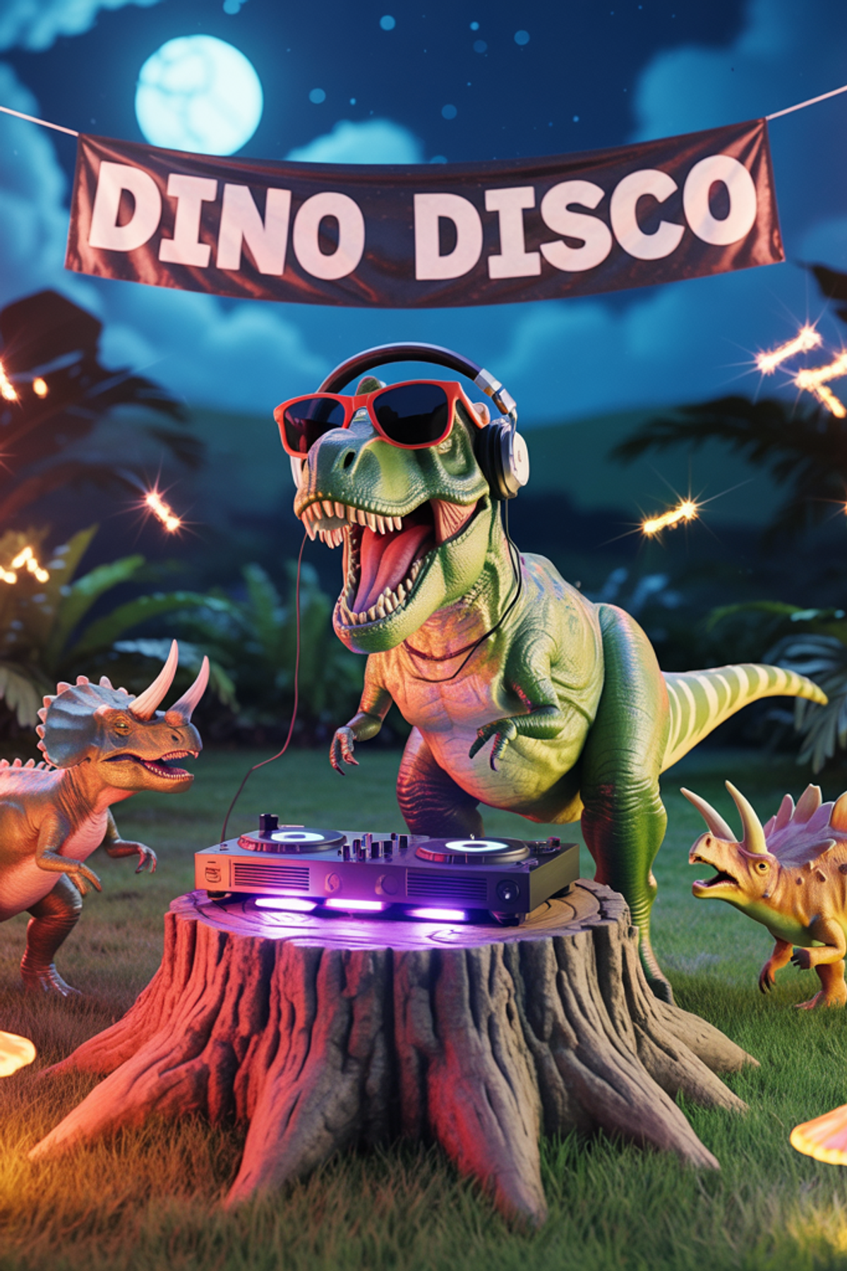 Illustration zur Gute-Nacht-Geschichte „Dino-Disko bei Vollmond - Gute-Nacht-Geschichte mit Dinosauriern “