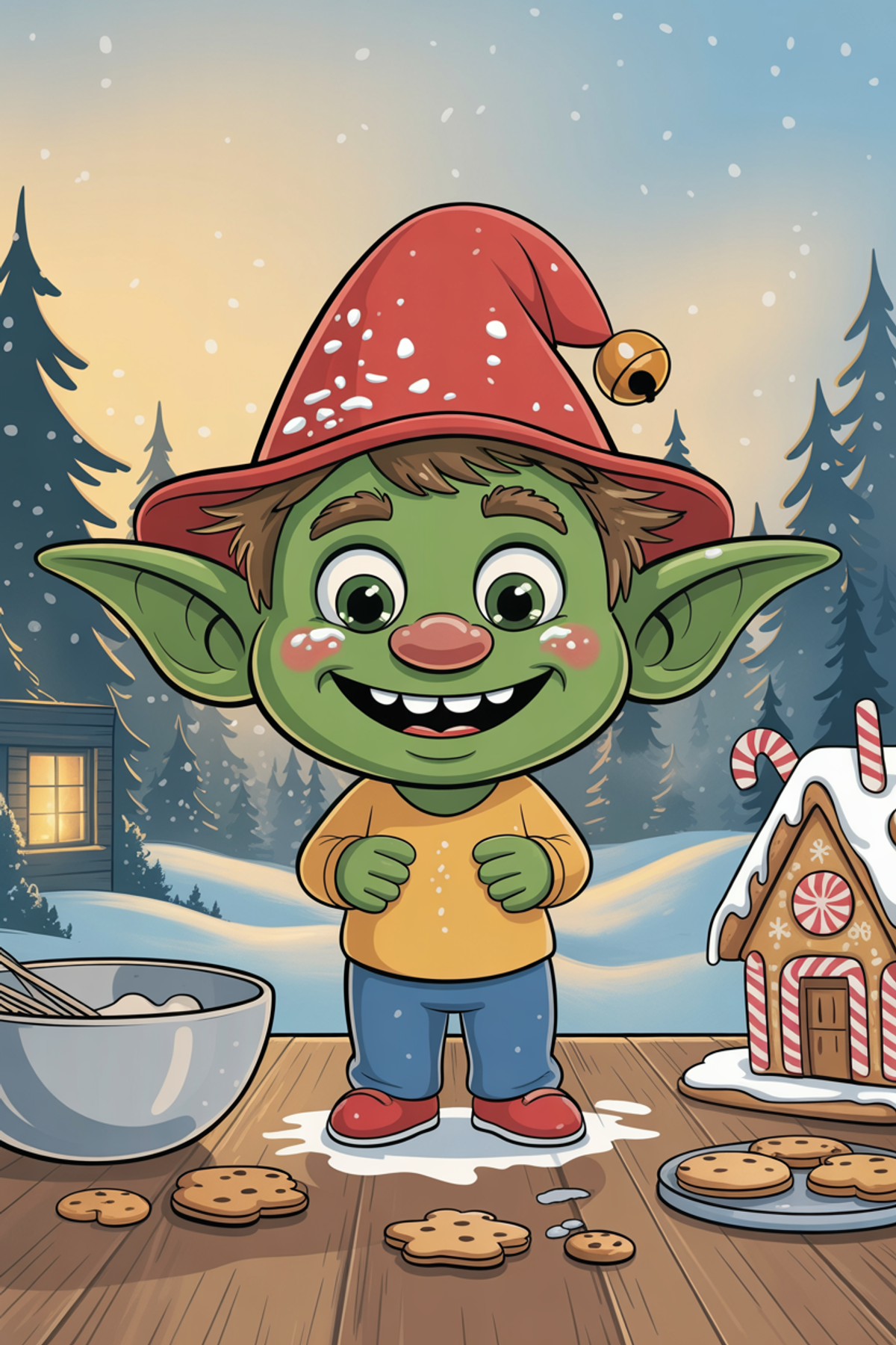 Illustration zur Gute-Nacht-Geschichte „Knorbel denkt er ist ein Weihnachtswichtel - eine Wichtelgeschichte für Kinder“