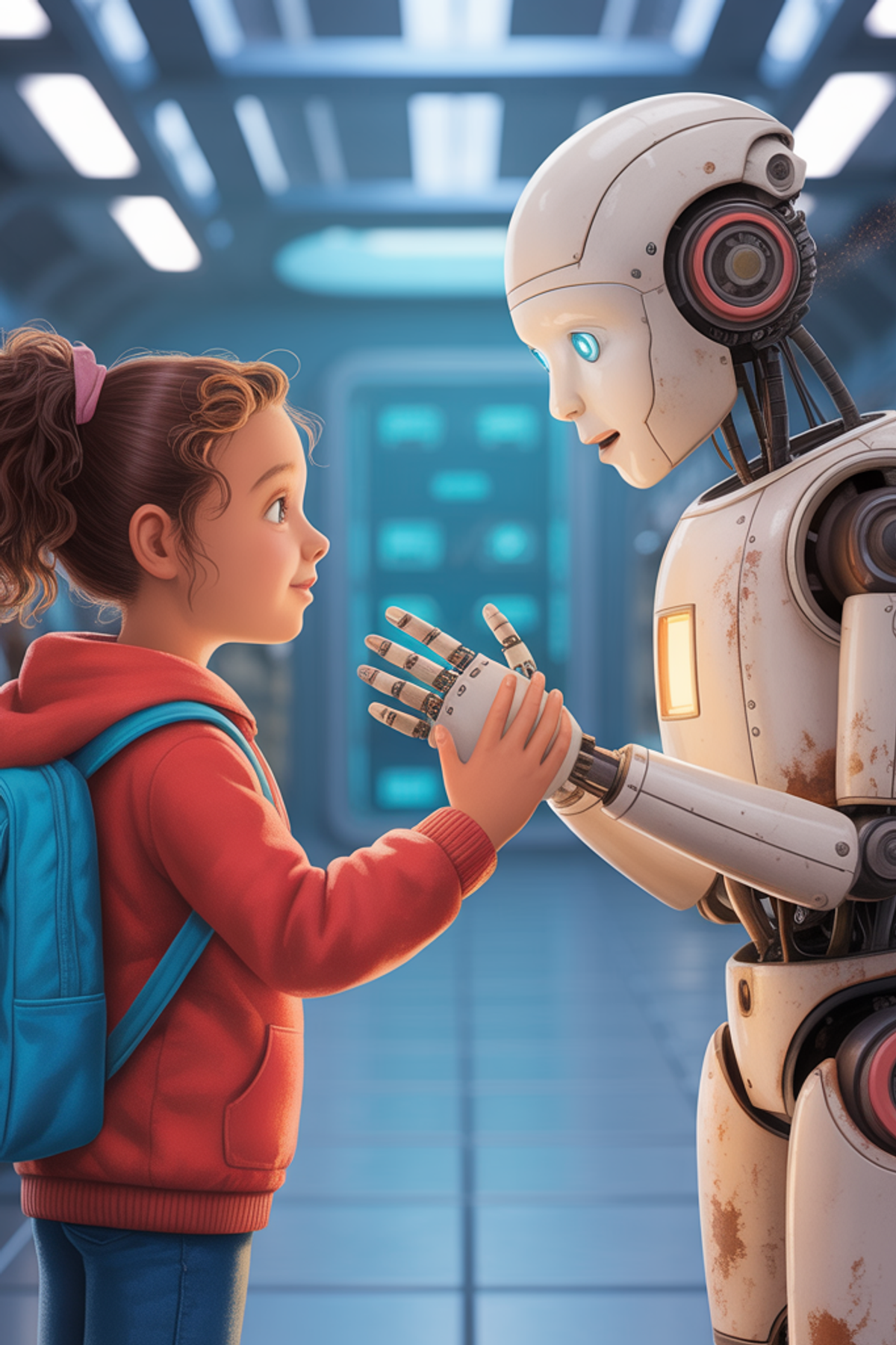 Illustration zur Gute-Nacht-Geschichte „Lara und der Roboter mit Gefühlen - Gute-Nacht-Geschichte“