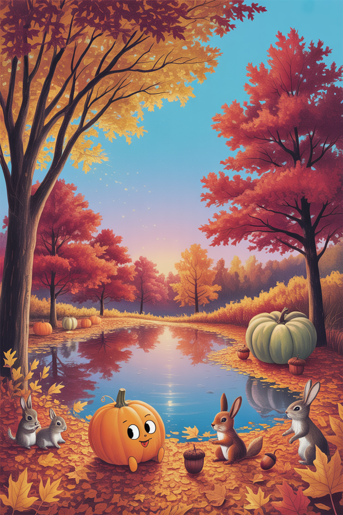 Illustration zur Gute-Nacht-Geschichte „Kürbi und die Farben des Herbst - eine herbstliche Einschlafgeschichte mit einem Kürbis“