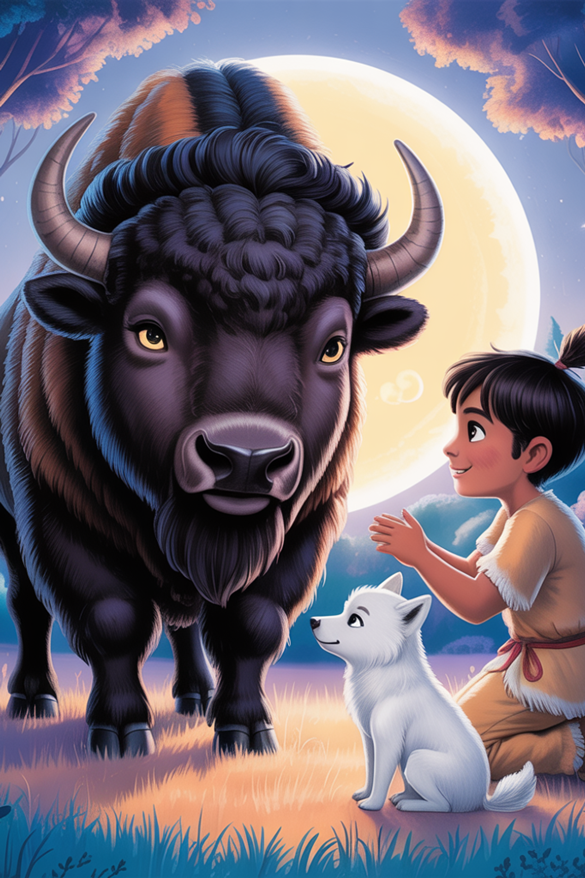 Illustration zur Gute-Nacht-Geschichte „Weißer Wolf und die schwarzen Bisons - Kinder-Gute-Nacht-Geschichte“