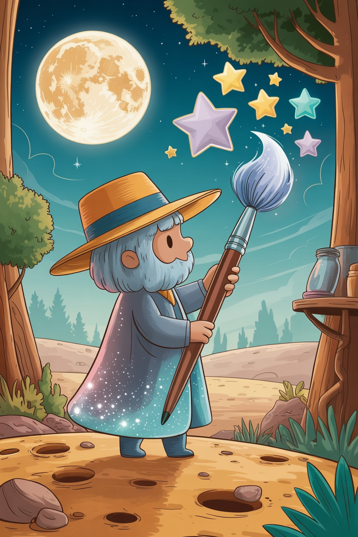 Illustration zur Gute-Nacht-Geschichte „Der Mondmaler und die schlafenden Sterne - eine Gute-Nacht-Geschichte über Sterne“