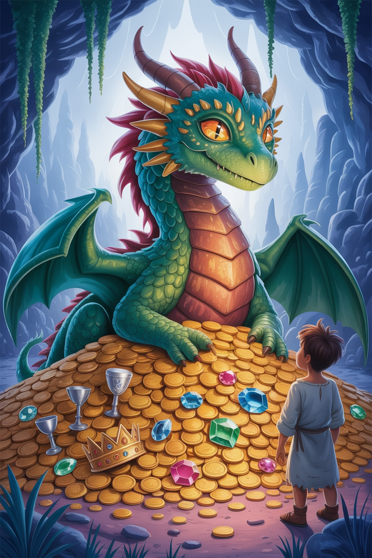 Illustration zur Gute-Nacht-Geschichte „Auf der Spur des verschwundenen Drachenschatzes - eine Gute-Nacht-Geschichte mit Drachen“