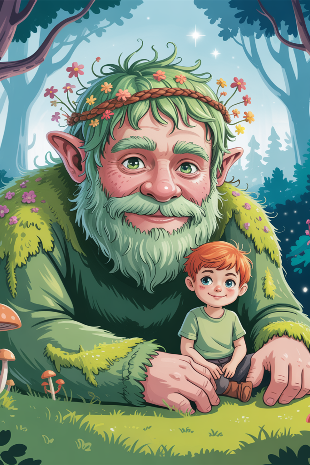 Illustration zur Gute-Nacht-Geschichte „Der Riese und das kleine Dorf - eine fantastische Geschichte zum Einschlafen“