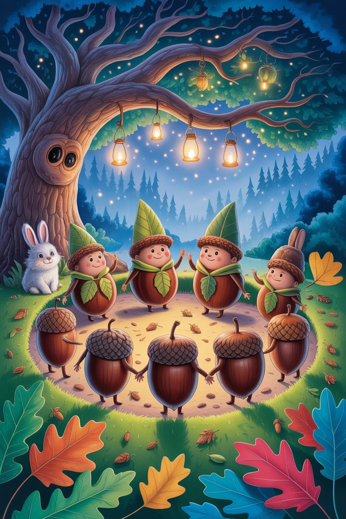Illustration zur Gute-Nacht-Geschichte „Die Kastanienmännchen finden neue Freunde - eine herzliche, herbstliche Geschichte“