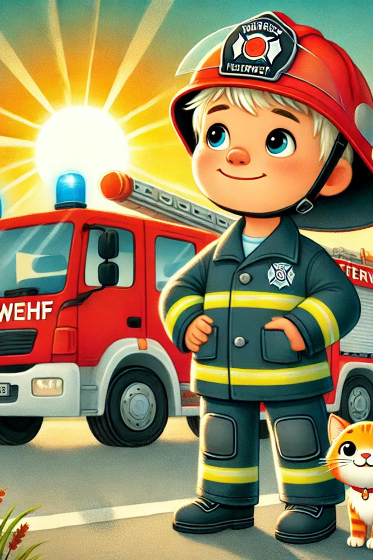 Illustration zur Gute-Nacht-Geschichte „Tommy und der grosse Feuerwehr-Traum“