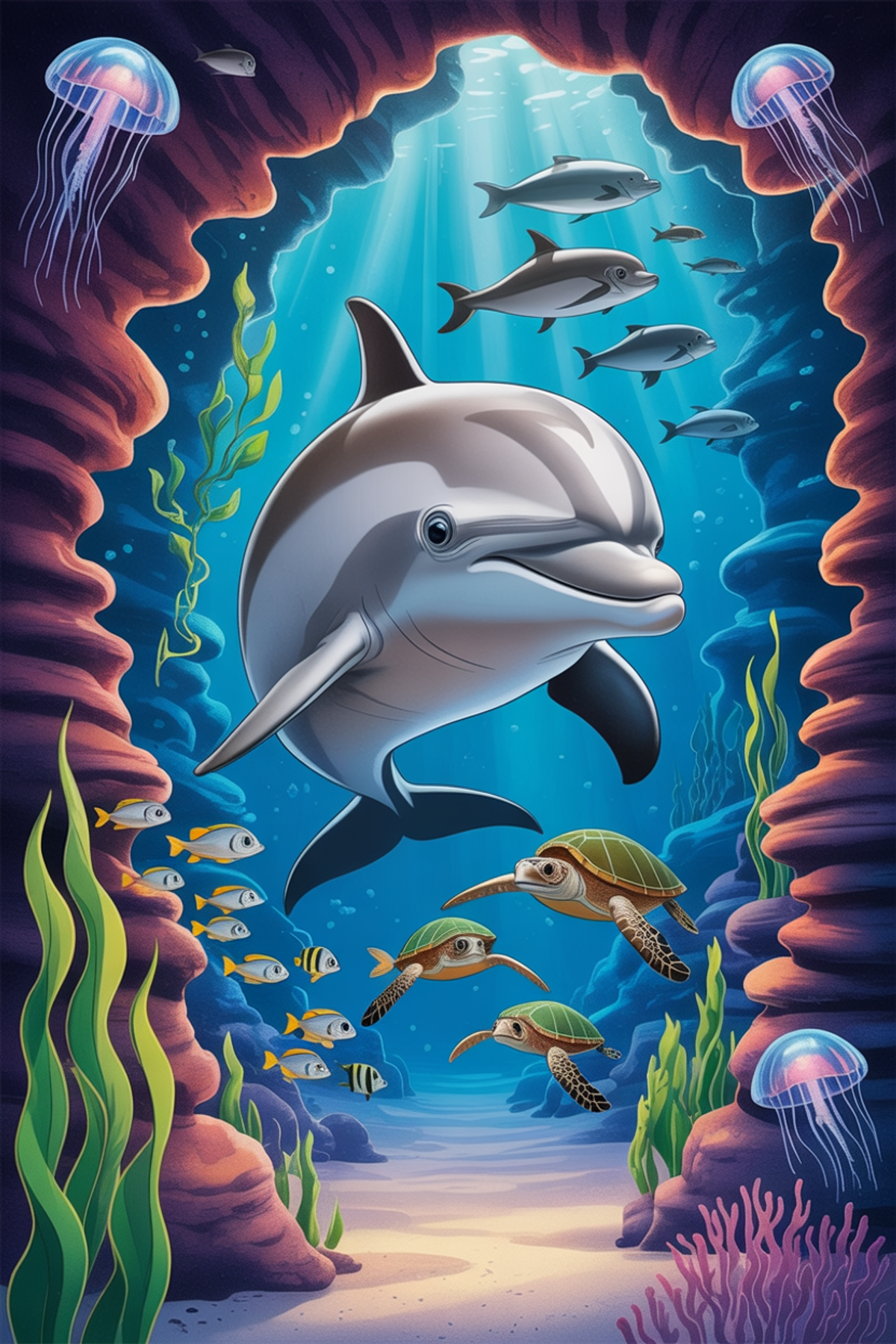 Illustration zur Gute-Nacht-Geschichte „Maoi, der weiße Delfin - eine spannende Unterwassergeschichte“