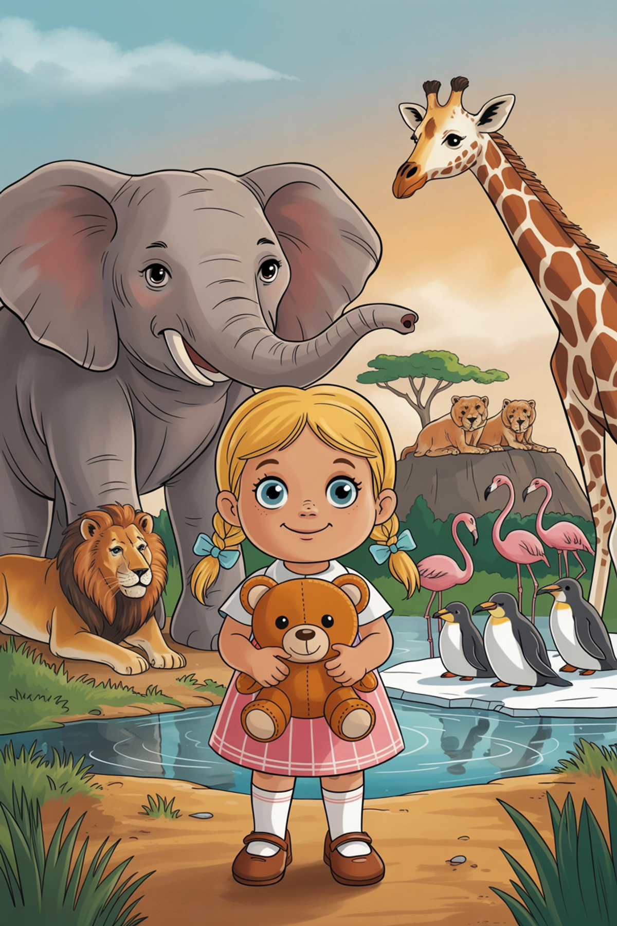 Illustration zur Gute-Nacht-Geschichte „Teddys Ausflug in den Zoo - eine ruhige Geschichte für Kinder“