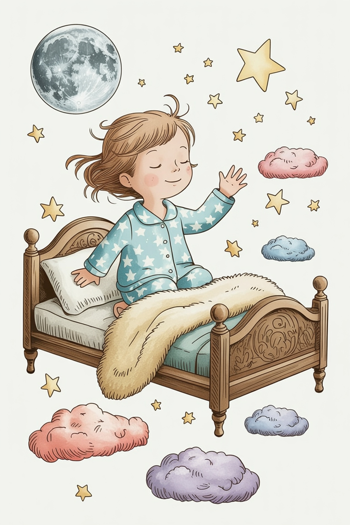 Illustration zur Gute-Nacht-Geschichte „Lunas Reise durch das Land der fliegenden Betten - eine wundervolle Gute-Nacht-Geschichte“