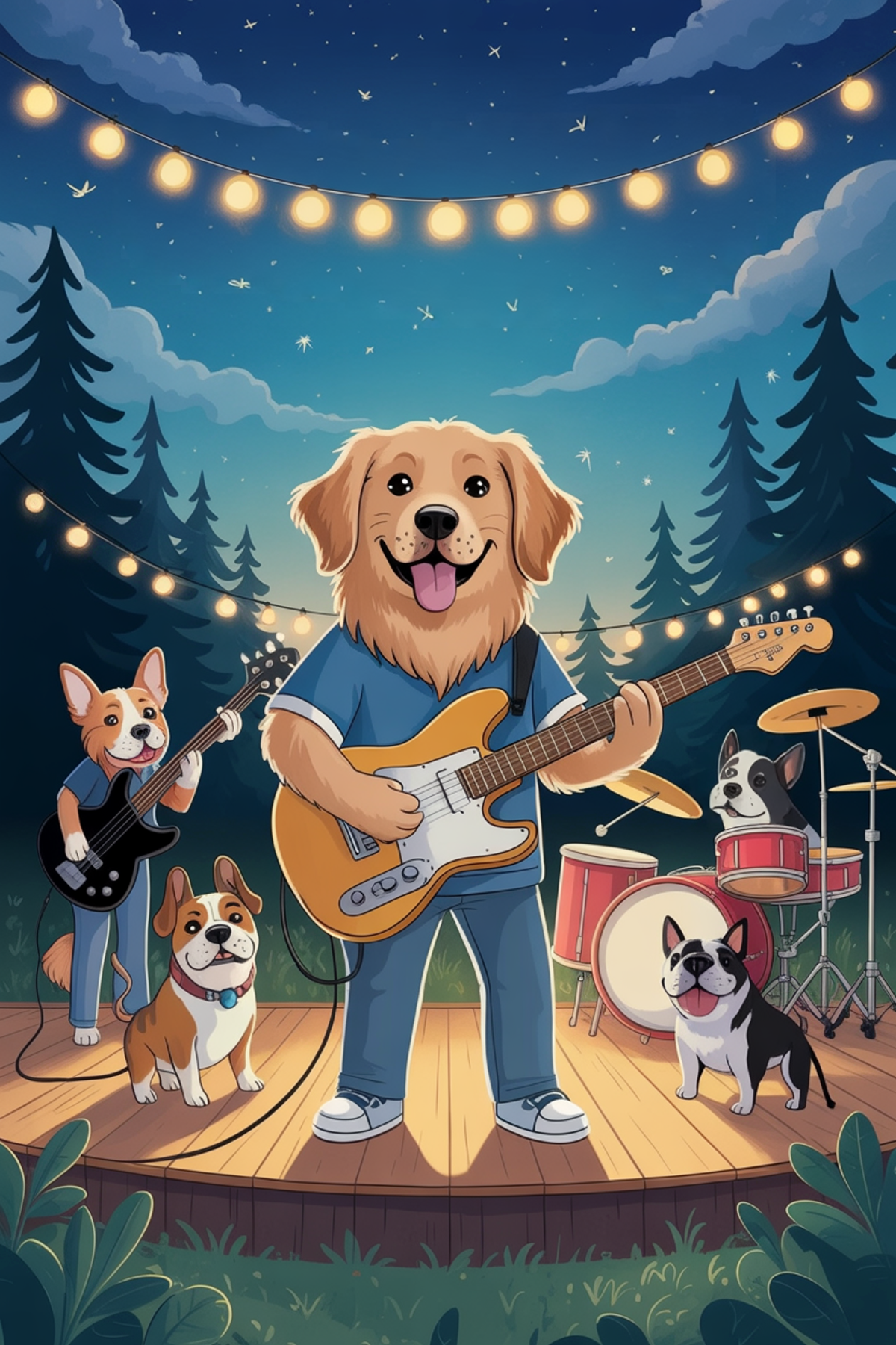 Illustration zur Gute-Nacht-Geschichte „Waldo's Rockband erster Auftritt - eine rockige Einschlafgeschichte“