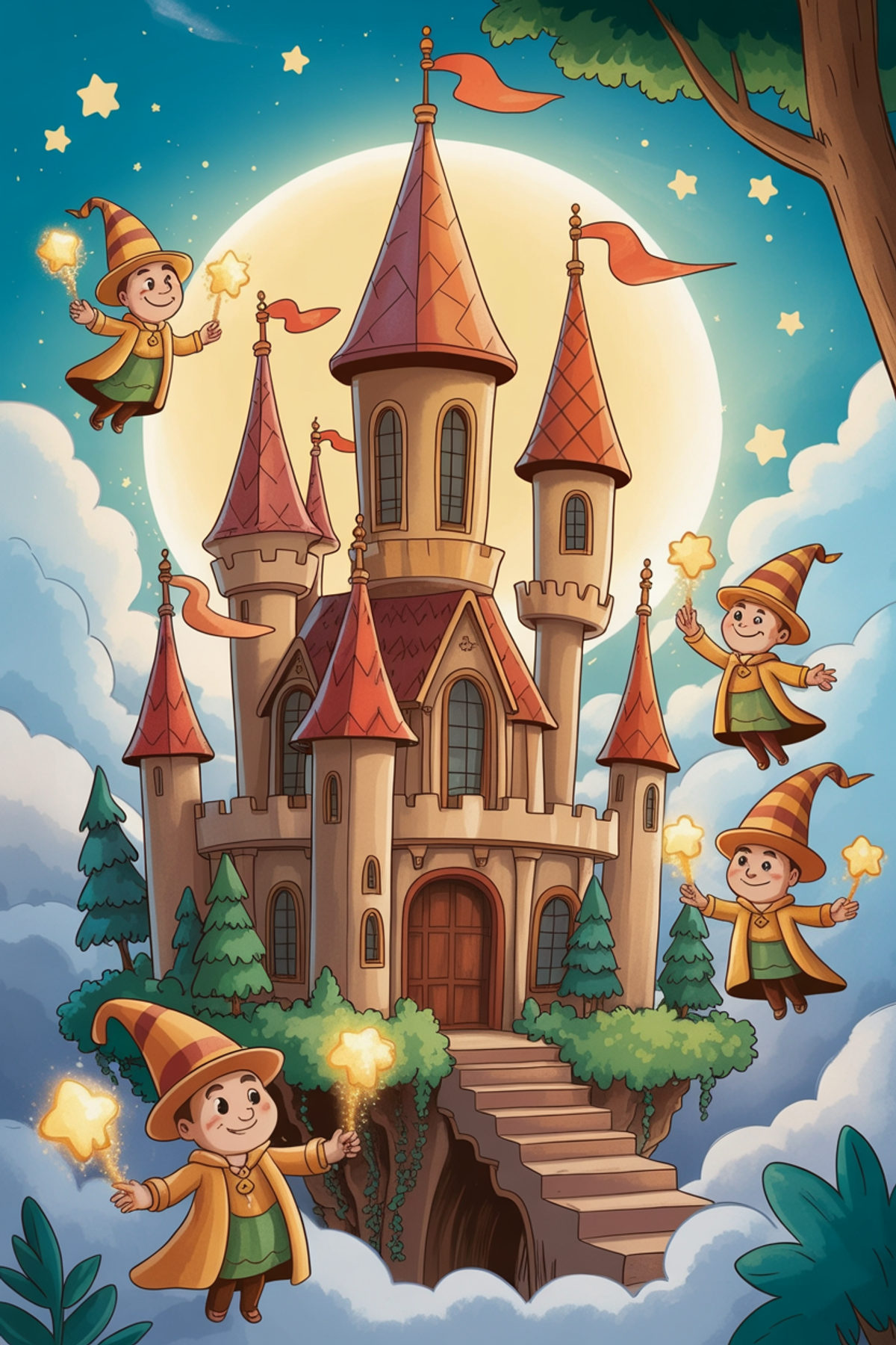 Illustration zur Gute-Nacht-Geschichte „Das Schlafschloss im Wolkenmeer - eine Geschichte zum Einschlafen für Kinder“