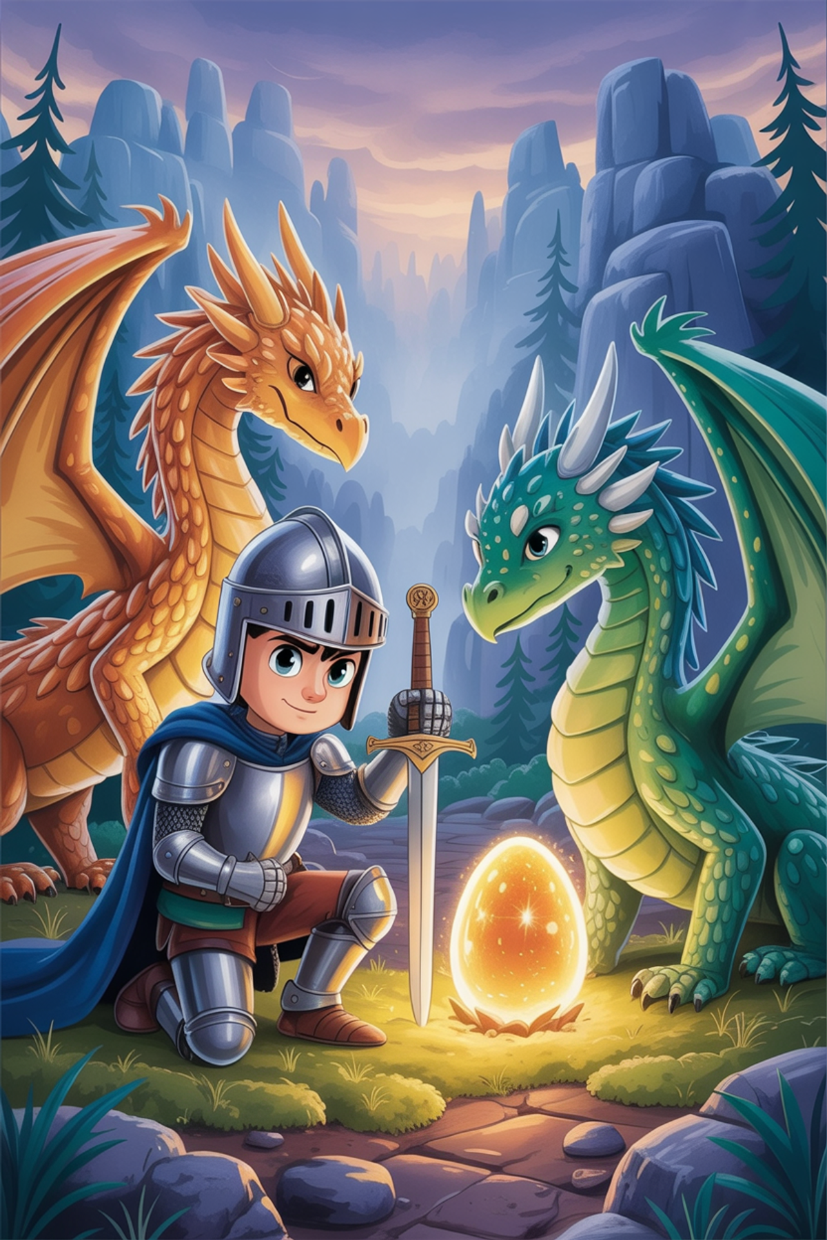 Illustration zur Gute-Nacht-Geschichte „Die Drachen und das goldene Ei - eine mystische Ritter Geschichte“