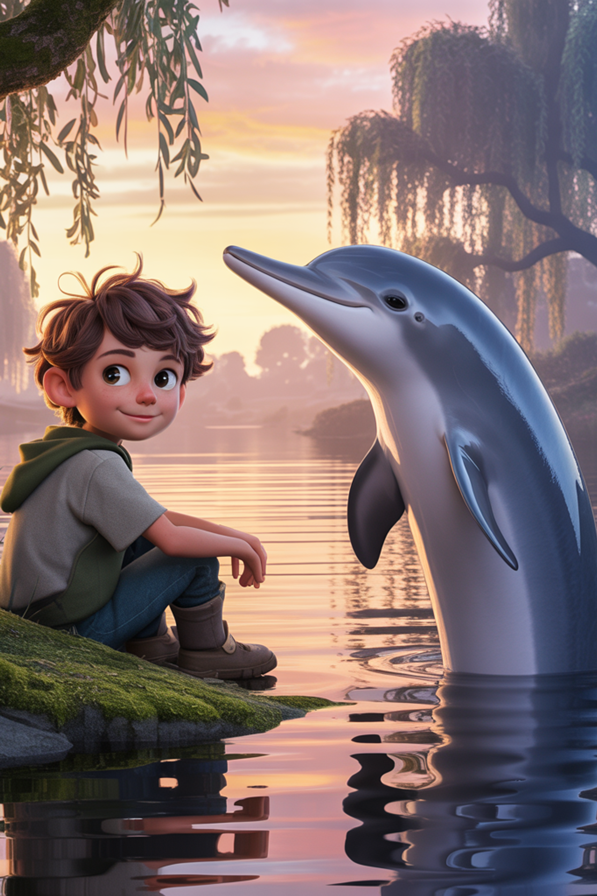 Illustration zur Gute-Nacht-Geschichte „Das Geheimnis des Flussdelfins - eine Tiergeschichte mit einem Delfin für Kinder“
