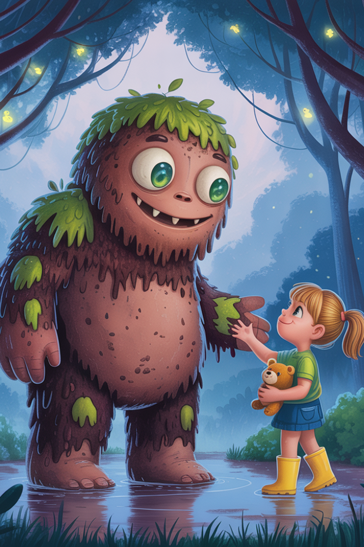 Illustration zur Gute-Nacht-Geschichte „Mina und das Schlammmonster von Hüntwangen - Gute-Nacht-Geschichte“