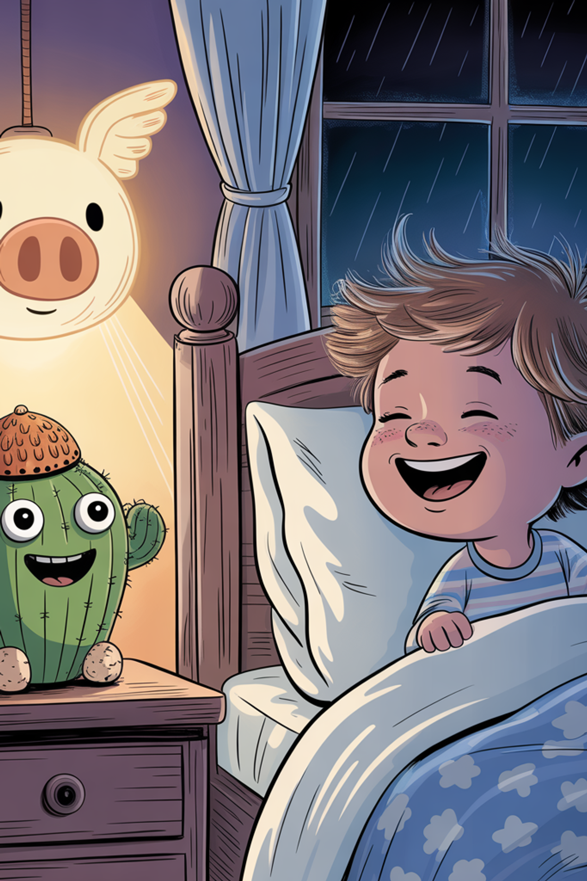 Illustration zur Gute-Nacht-Geschichte „Der sprechende Kaktus von Zimmer 3B - Gute-Nacht-Geschichte“