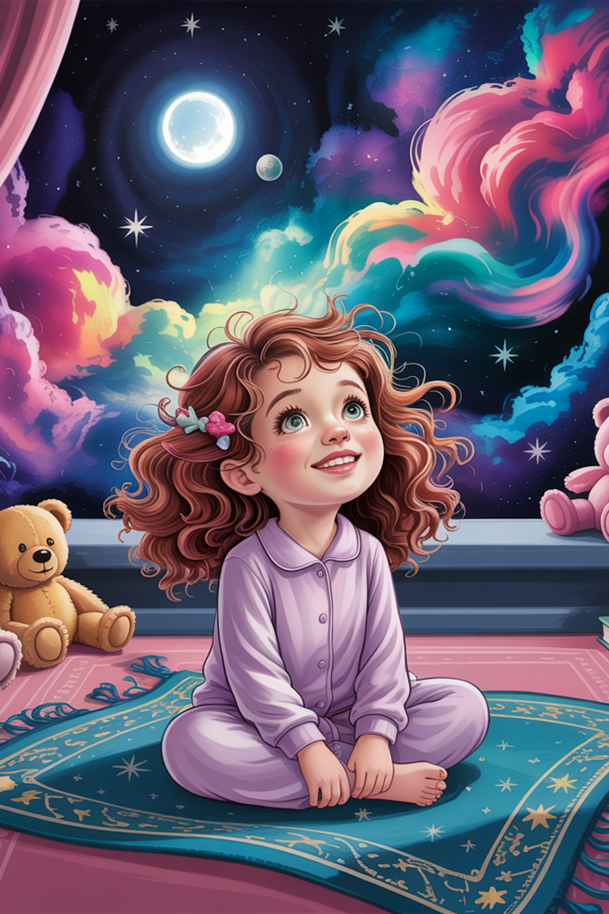 Illustration zur Gute-Nacht-Geschichte „Der fliegende Teppich im Kinderzimmer - Gute-Nacht-Geschichte“