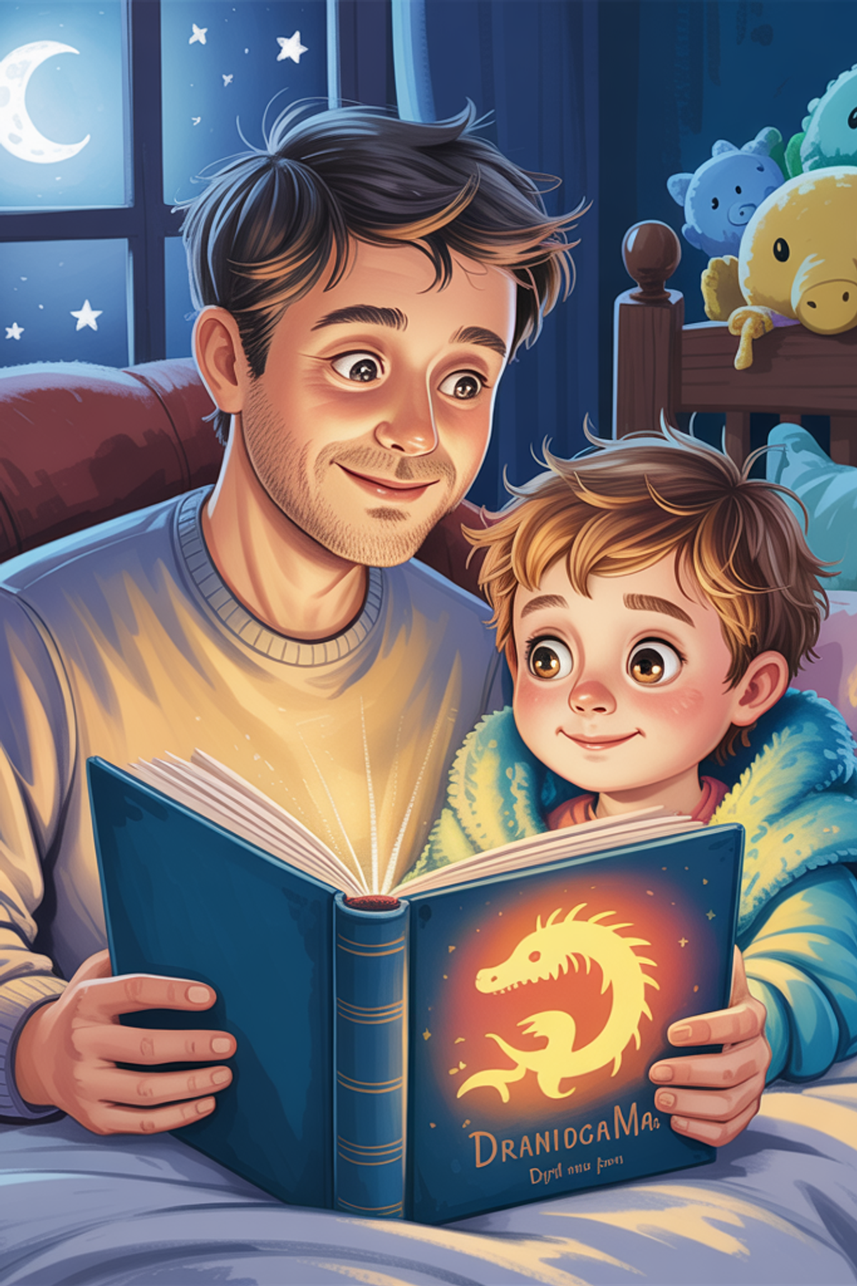Illustration zur Gute-Nacht-Geschichte „Wenn Papa Geschichten aus dem Herzen las - Tägliche Kinder-Gute-Nacht-Geschichten“