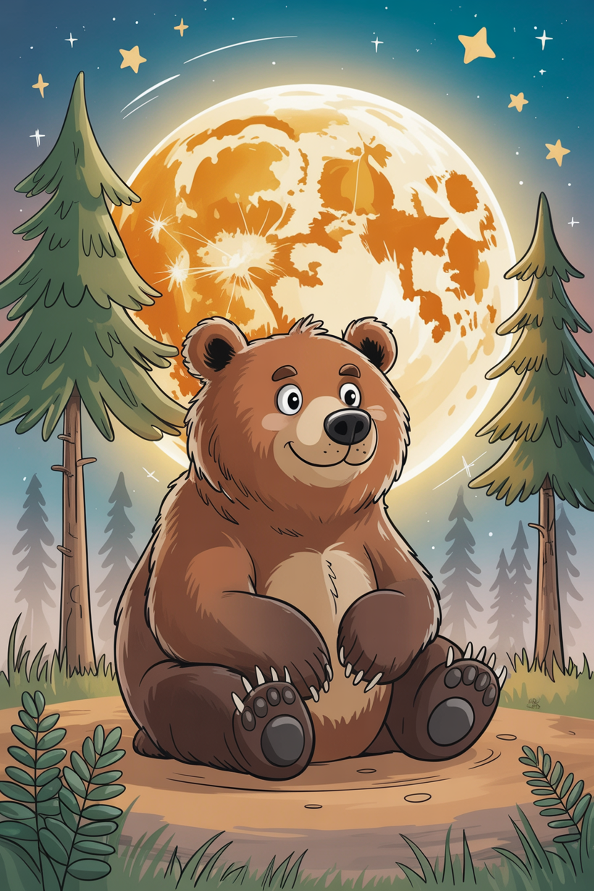 Illustration zur Gute-Nacht-Geschichte „Der Bär, der den Mond essen wollte - eine Kindergeschichte mit Bruno dem Bär“