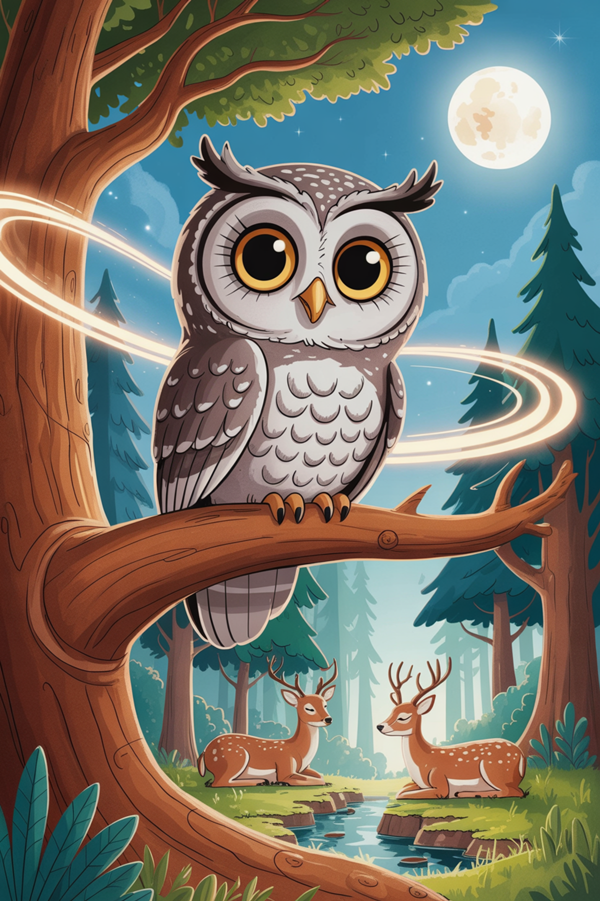 Illustration zur Gute-Nacht-Geschichte „Eule Elli und der vergessene Schlafzauber - eine tierisch gute Geschichte“