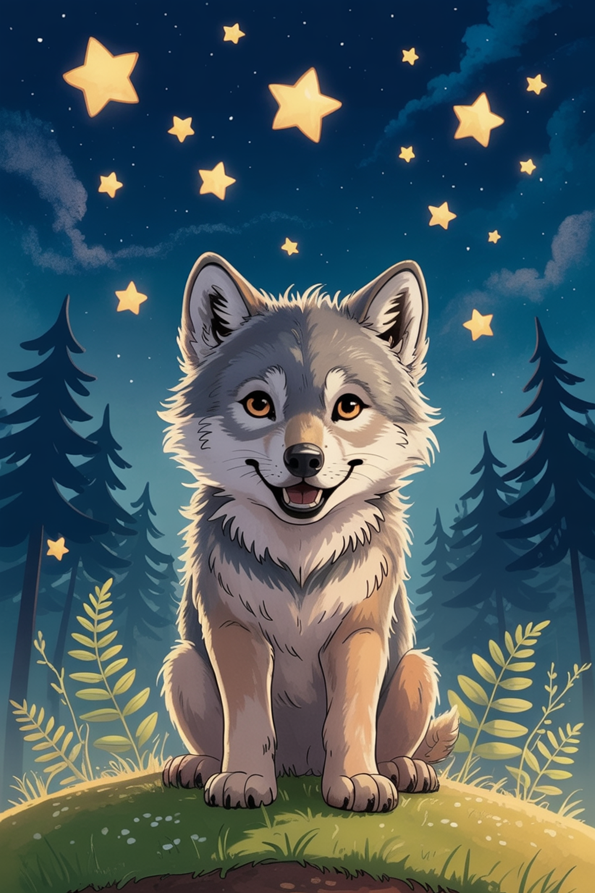Illustration zur Gute-Nacht-Geschichte „Lupo, der Wolf, der nicht heulen wollte - eine Geschichte über Selbstfindung“