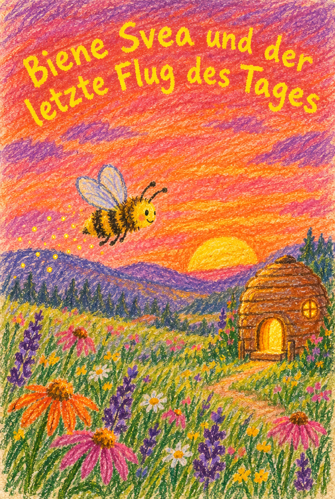Illustration zur Gute-Nacht-Geschichte „Biene Svea und der letzte Flug des Tages“