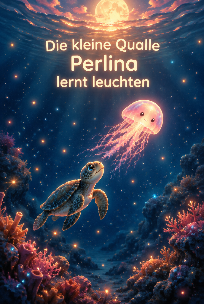 Illustration zur Gute-Nacht-Geschichte „Die kleine Qualle Perlina lernt leuchten“
