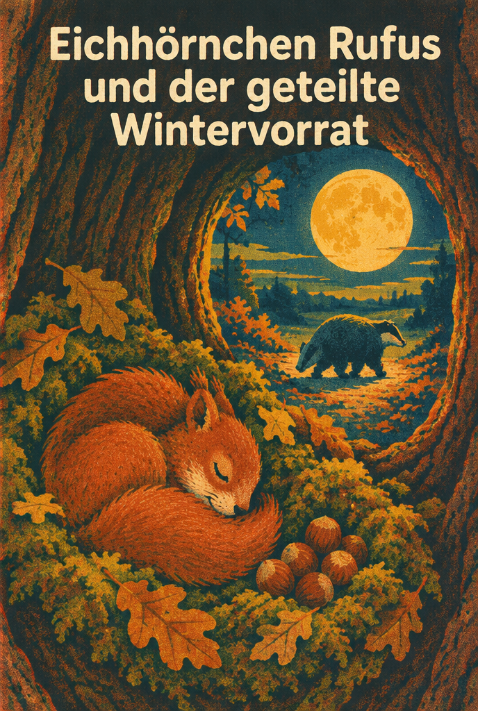 Illustration zur Gute-Nacht-Geschichte „Eichhörnchen Rufus und der geteilte Wintervorrat“
