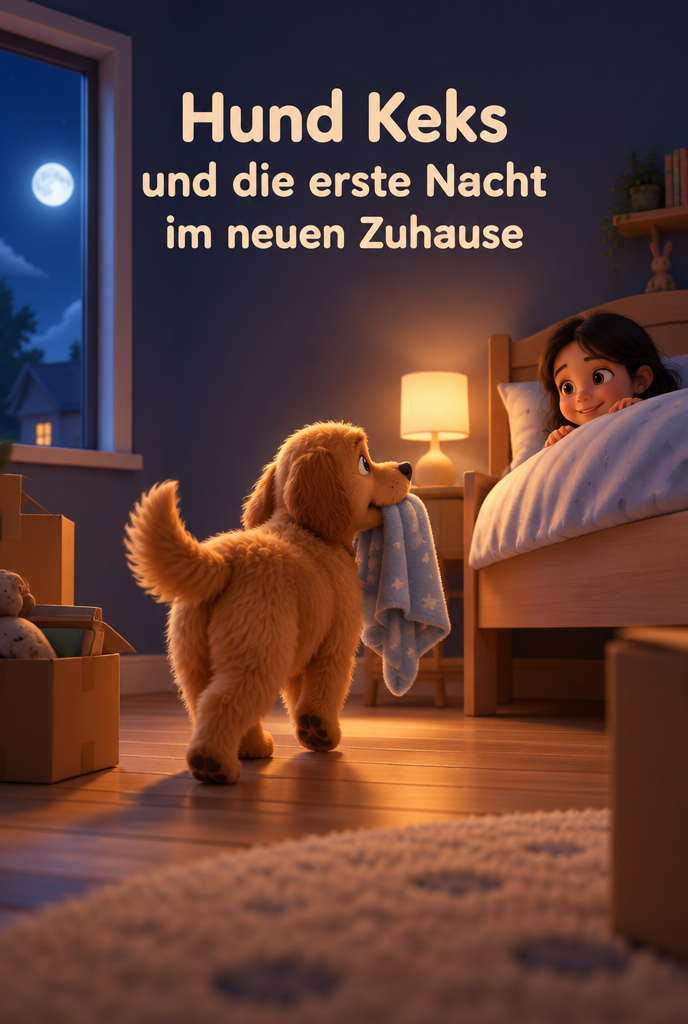 Illustration zur Gute-Nacht-Geschichte „Hund Keks und die erste Nacht im neuen Zuhause“