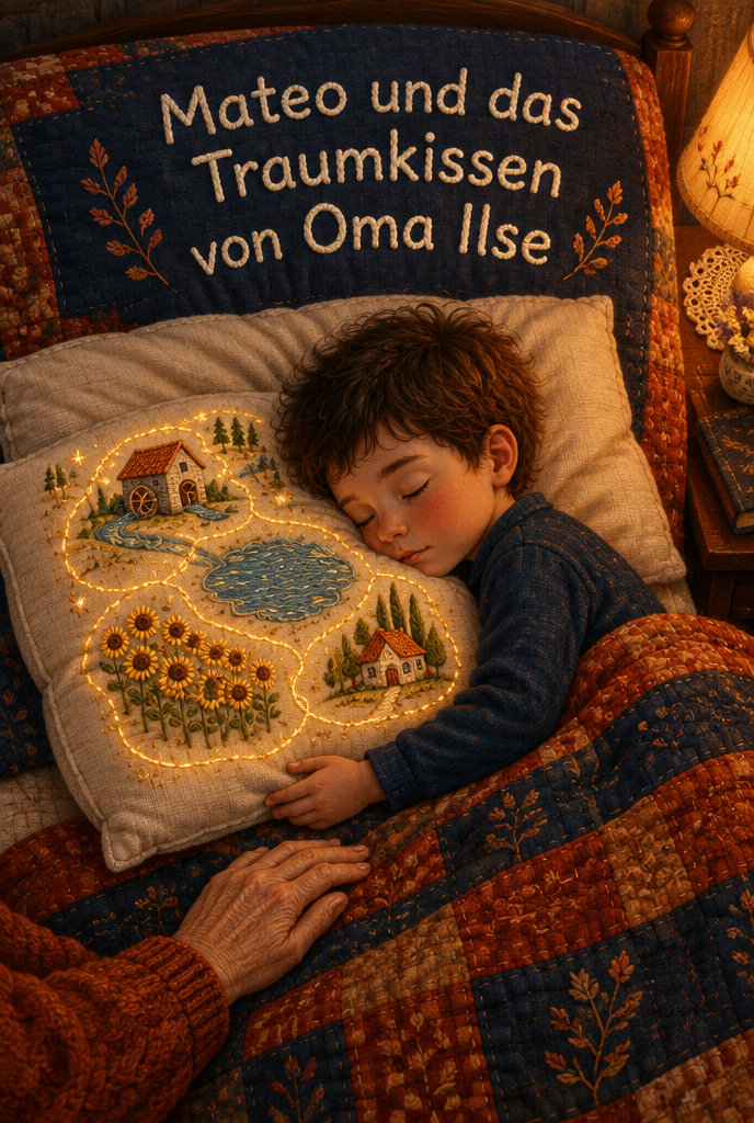 Illustration zur Gute-Nacht-Geschichte „Mateo und das Traumkissen von Oma Ilse“