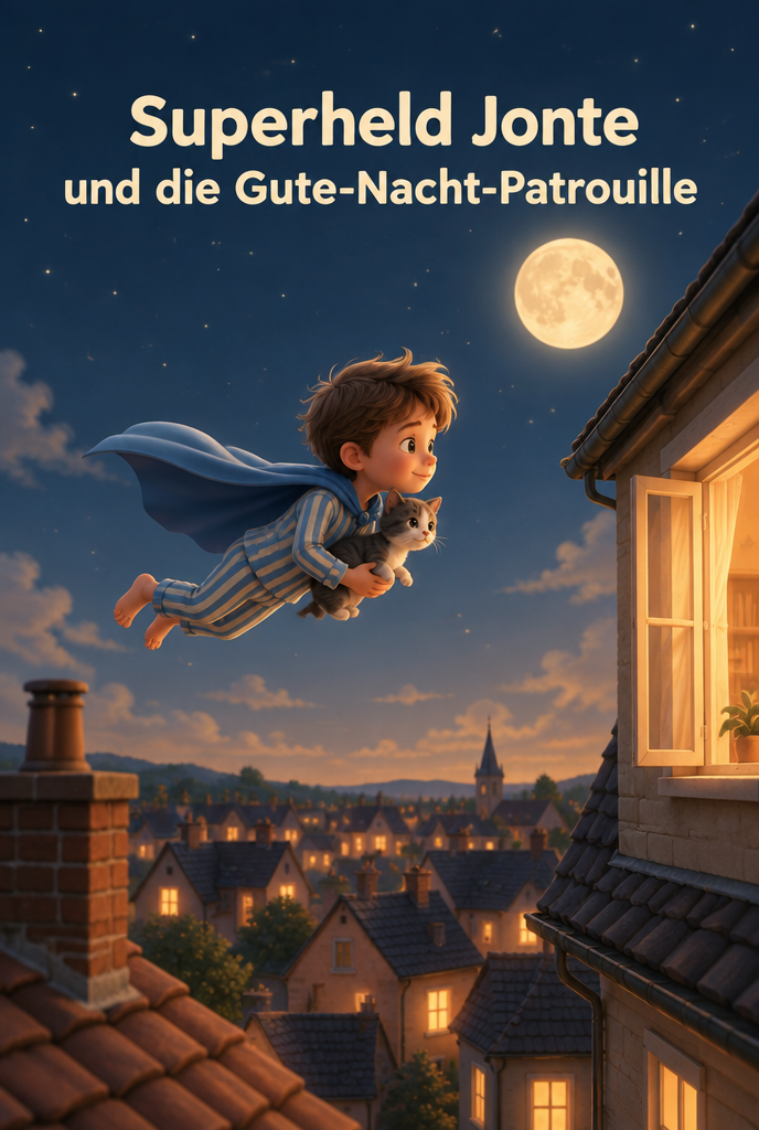 Illustration zur Gute-Nacht-Geschichte „Superheld Jonte und die Gute-Nacht-Patrouille“